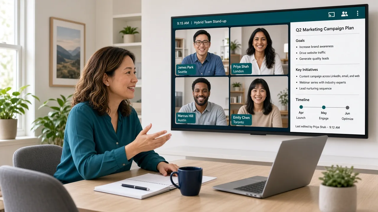 Professional leading a hybrid video meeting from a bright home office