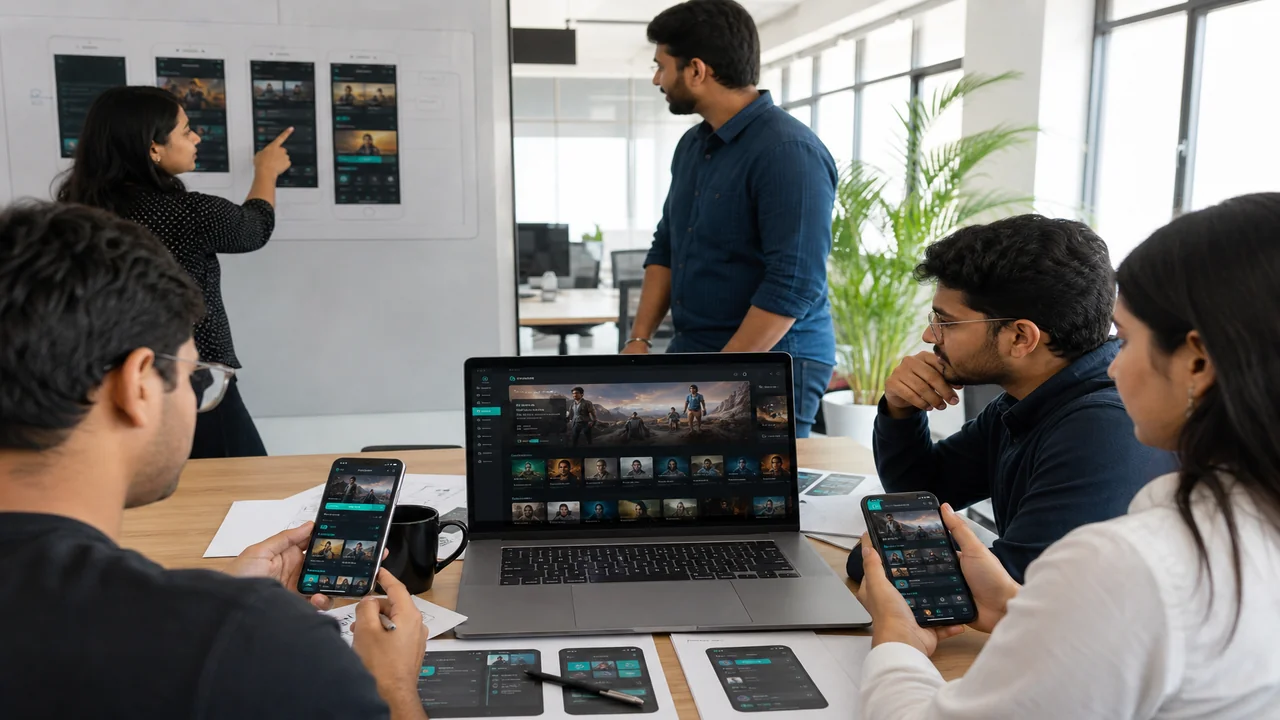Product team designing an OTT video streaming app on phones and laptops