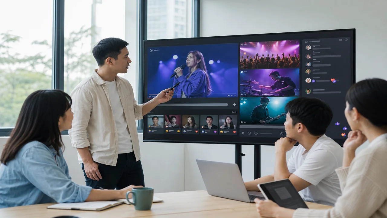 Team reviewing a live streaming platform prototype in a bright modern office