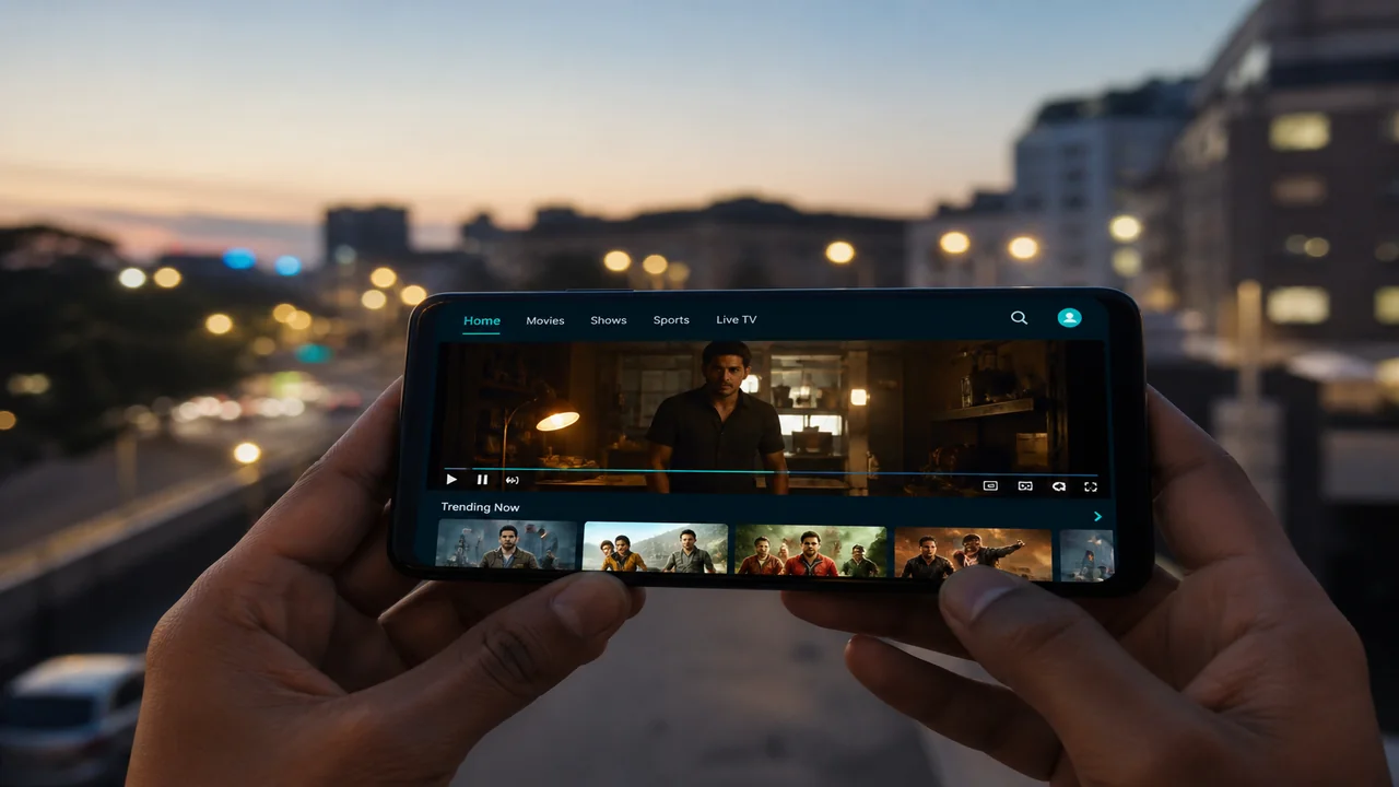 Person holding a smartphone showing a bright OTT streaming app outdoors