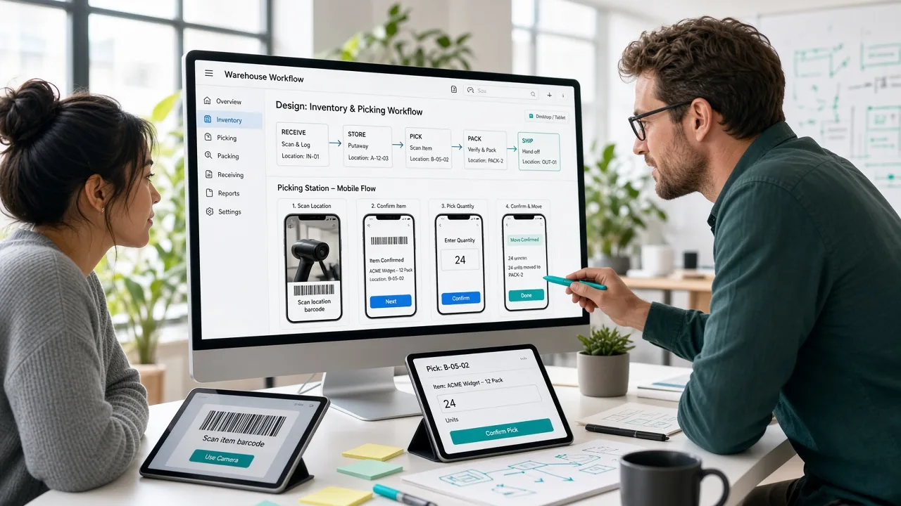 Product team designing a warehouse inventory and picking workflow interface