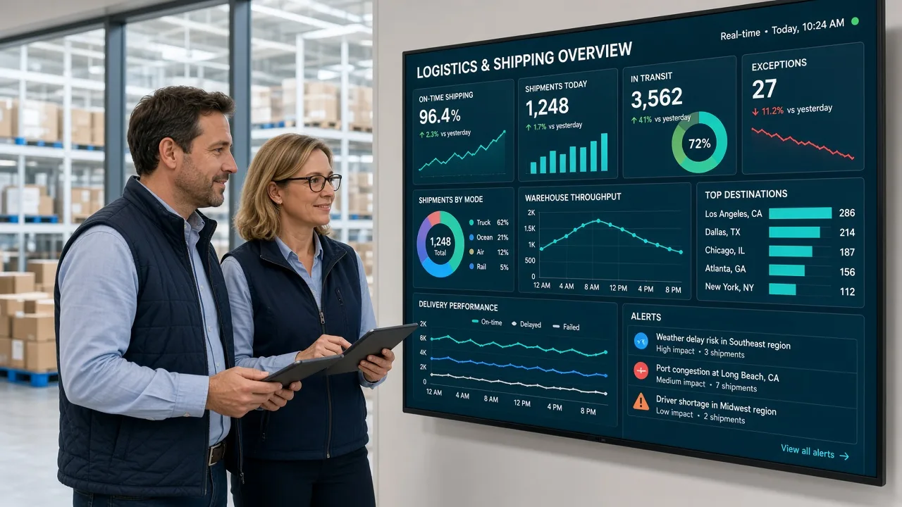 Warehouse managers reviewing logistics and shipping analytics on a large screen