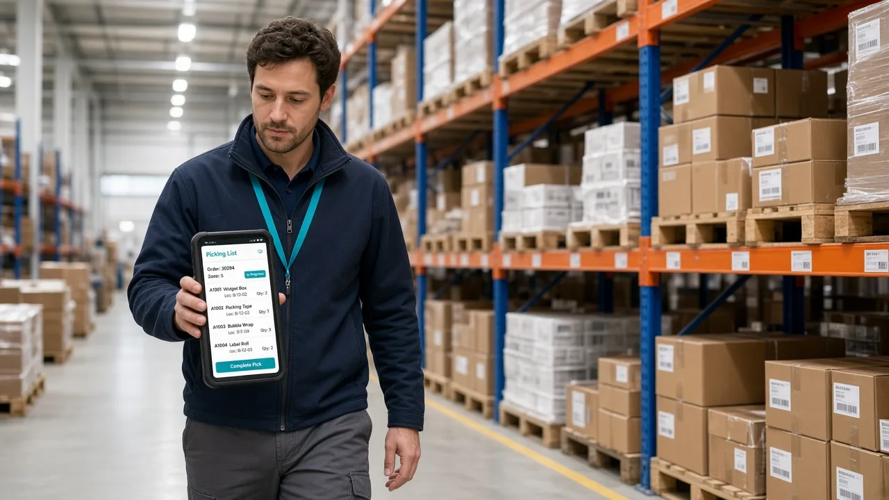 Warehouse picker using a handheld device with a digital picking list