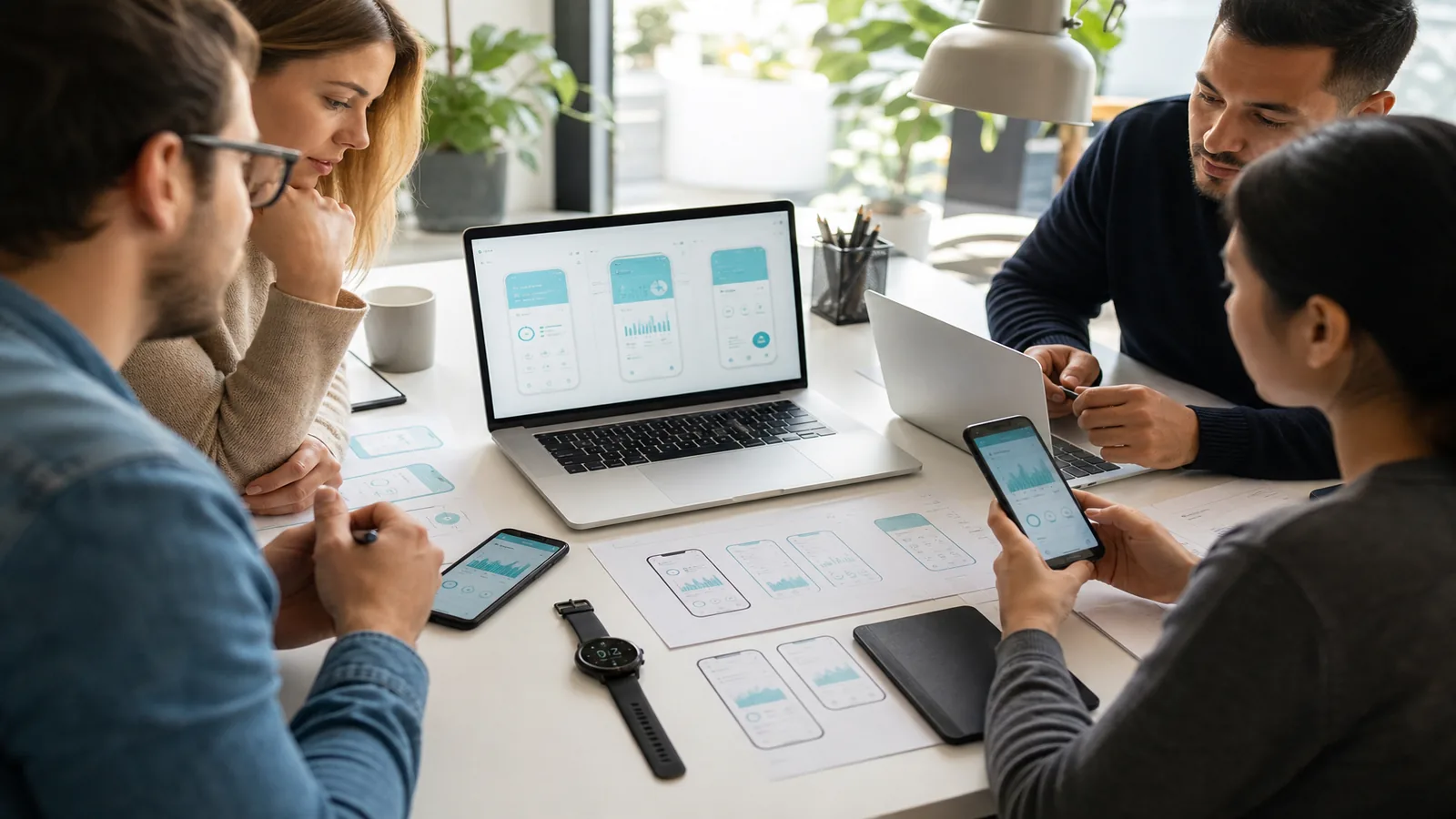 Product team designing a smartwatch companion health app on phones and laptops