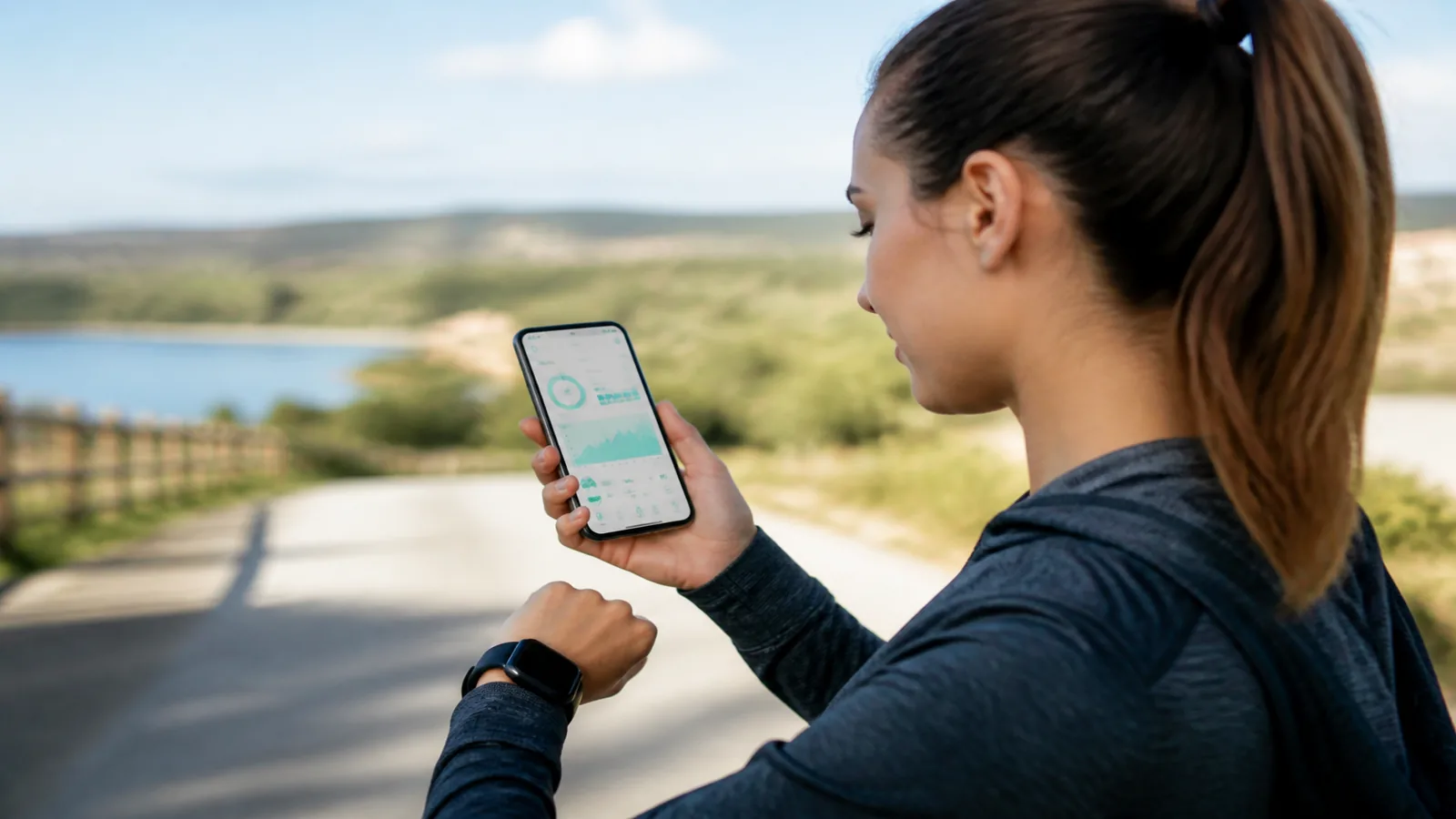 Person outdoors wearing a smartwatch and holding a smartphone showing a fitness tracking app