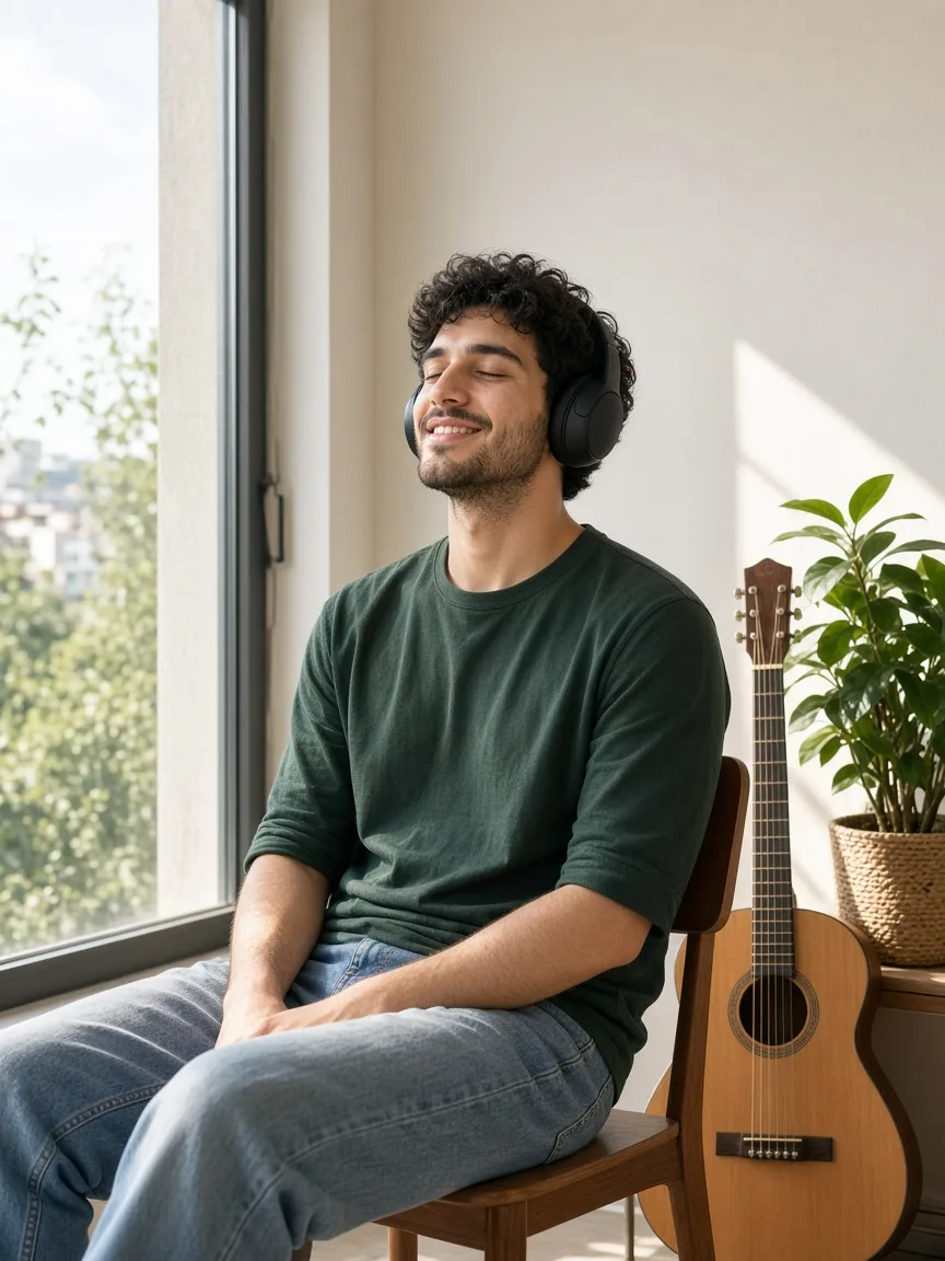 A person wearing plain headphones by a sunny window, with a guitar nearby.