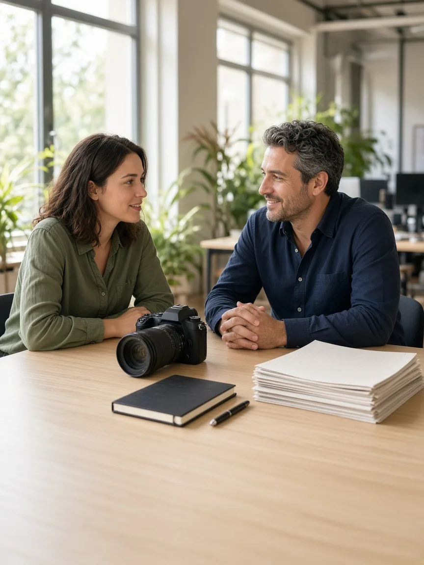 A journalist and an editor talk at a sunny newsroom desk with a camera and blank pages.