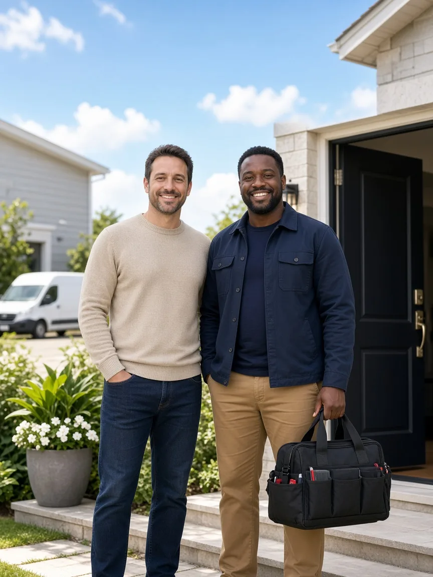 A homeowner and a service professional with a tool bag standing at a bright front door, with a van in the driveway.