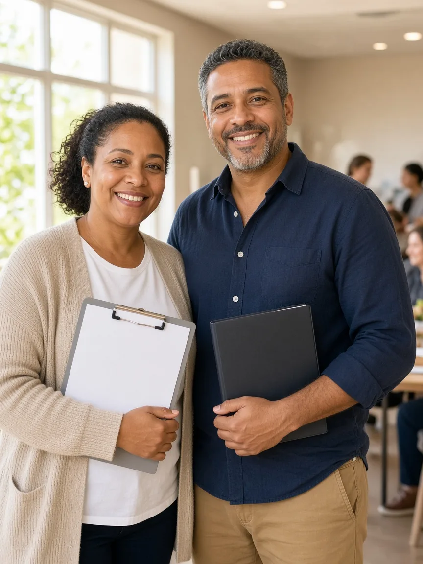 Two organizers stand in a sunny community hall, one holding a blank clipboard and the other a closed folder.
