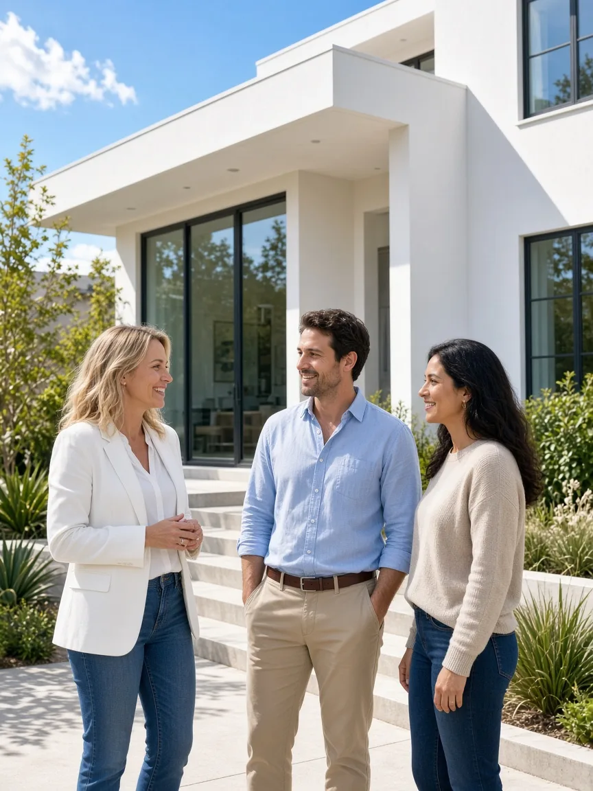 An agent and two clients stand outside a modern white house in sunshine.