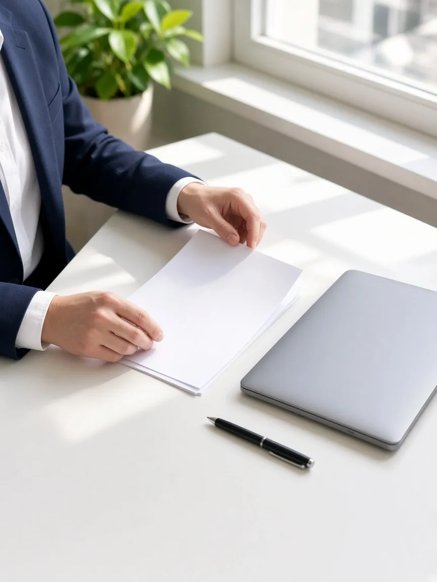 A professional arranges blank pages beside a closed laptop and a pen on a sunny desk.