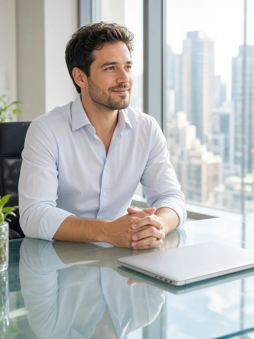A finance professional sits at a sunny glass desk with a closed laptop and a city view.