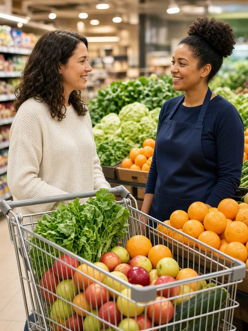 A shopper and a store associate talk beside a cart of fruit and greens in a bright supermarket produce aisle.