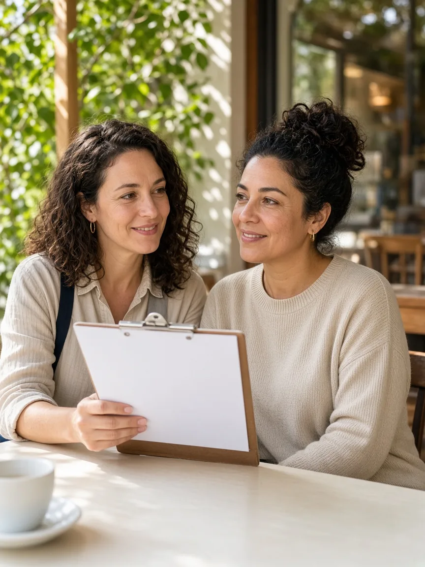 Two adults talk at a sunny cafe table over a blank clipboard.