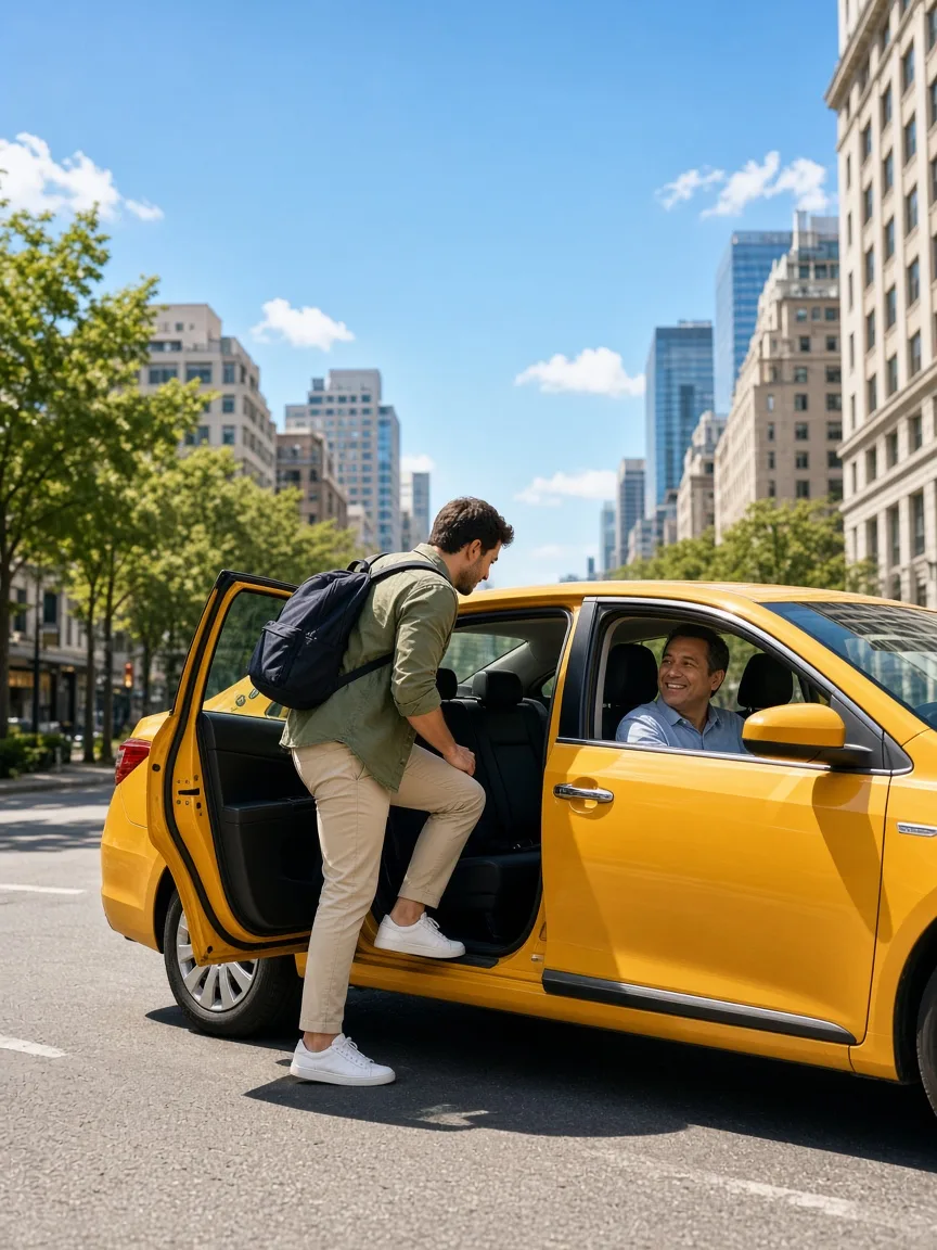 A rider stepping into a yellow taxi while the driver smiles from the front seat.