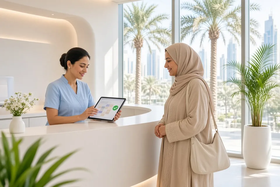 Clinic receptionist in a bright Dubai lobby using a tablet to coordinate patient appointments