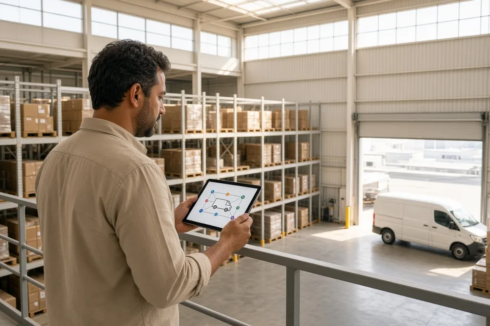 Logistics coordinator on a sunlit warehouse mezzanine reviewing inventory flow on a tablet