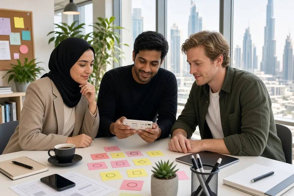 Dubai product team reviewing an AI mobile app prototype on a phone in a bright modern office