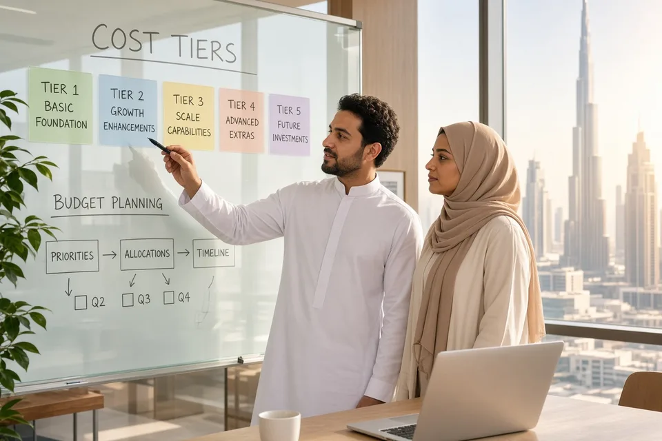 Founders reviewing AI app budget tiers on a whiteboard in a sunlit Dubai coworking space