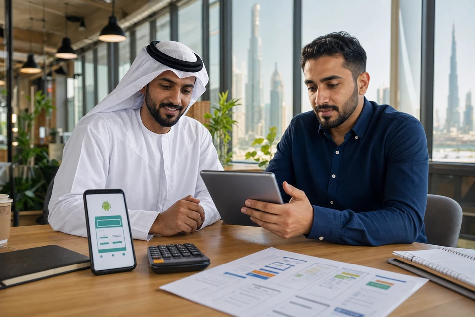 Android app development team reviewing project cost estimate in Dubai