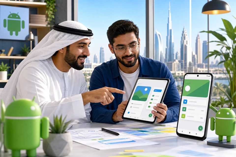 Entrepreneur reviewing Android app prototype in Dubai