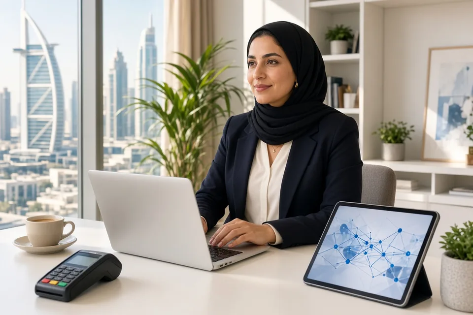 Integration engineer reviewing connected business systems on a laptop in a bright Dubai office