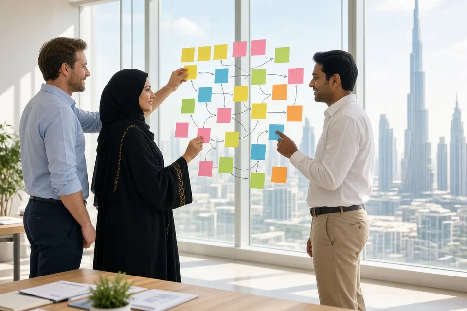 Product team mapping CRM, payment, and ERP connections on a glass wall in a sunlit Dubai office