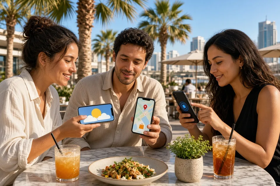 Friends at a bright Dubai cafe using phones to check weather, order food, and split a bill