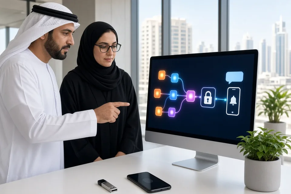 Engineers reviewing an API security flow on a large monitor in a sunlit Dubai workshop