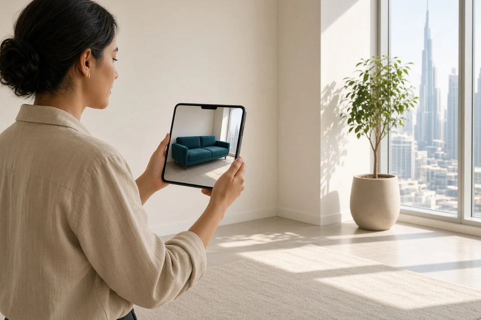 Woman previewing a 3D sofa in her Dubai apartment with an augmented reality app on a tablet