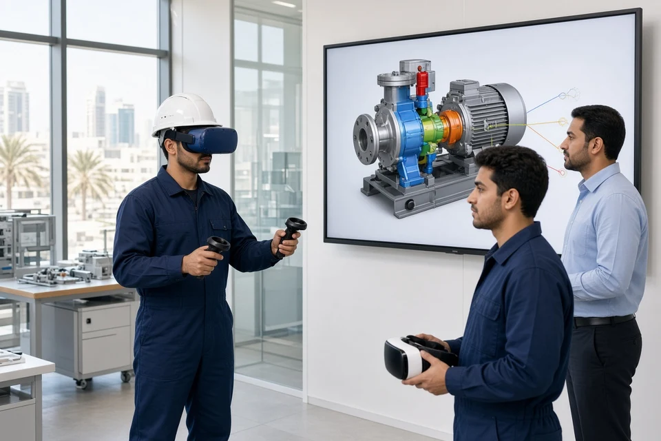 Engineer practising equipment maintenance with a VR headset in a bright UAE training centre