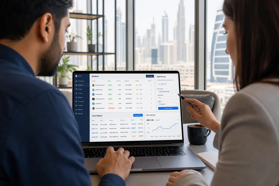 Business team reviewing a B2B marketplace vendor dashboard and bulk order analytics in a bright Dubai office