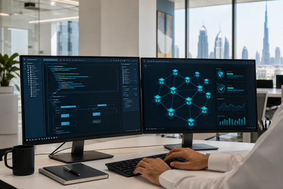 Enterprise team reviewing blockchain smart contract and distributed ledger dashboards in a bright Dubai office