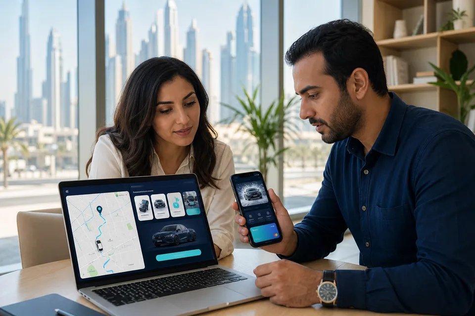 Product team reviewing a car wash booking app with live GPS tracking and service packages in a bright Dubai office