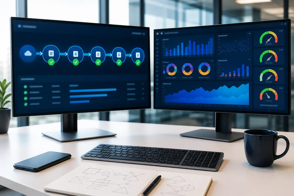 Cloud DevOps dual-monitor workstation showing CI/CD pipelines and infrastructure metrics