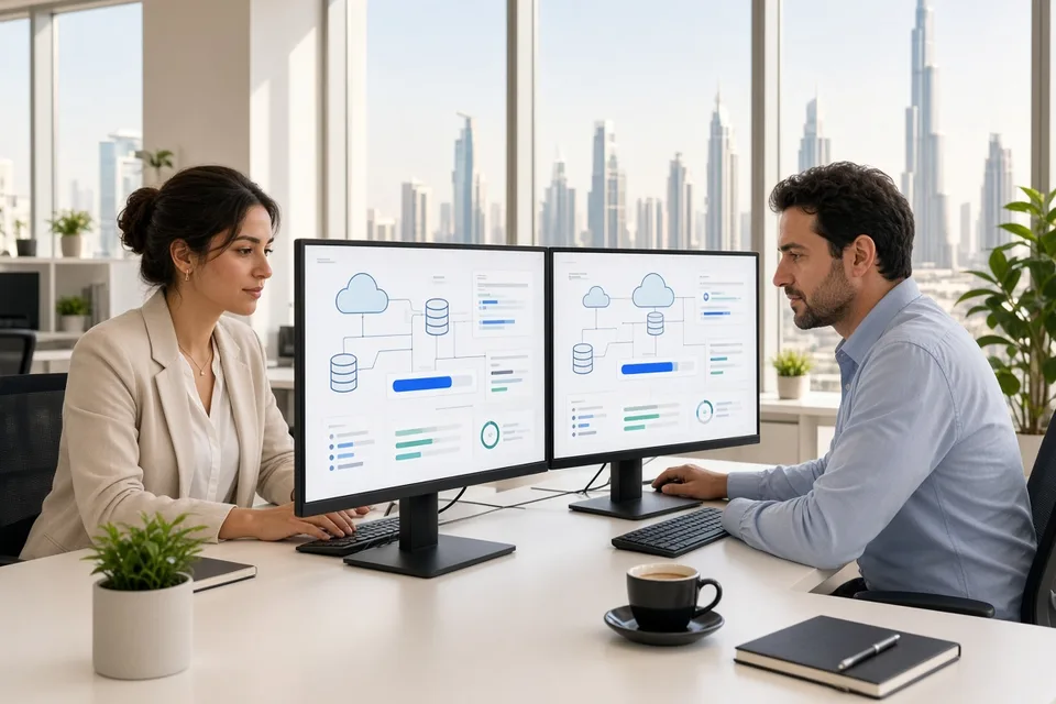 Dubai cloud engineers reviewing a data migration dashboard on dual monitors in a bright office