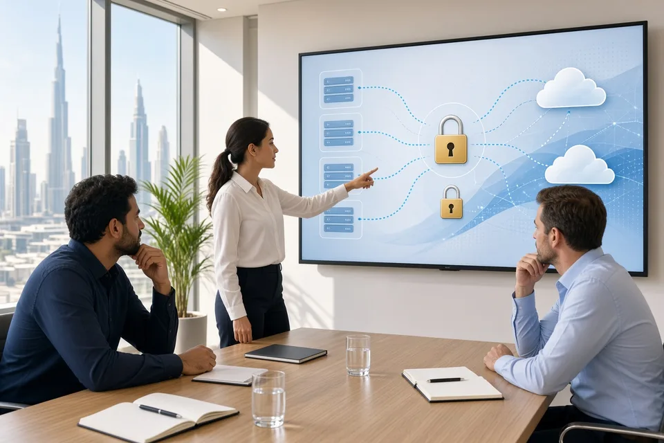 IT team validating encrypted cloud data transfer on a large screen in a sunlit Dubai conference room