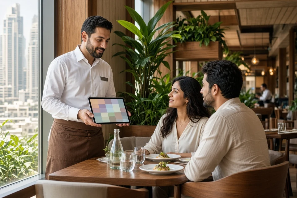 Restaurant host helping guests with a tablet in a bright Dubai dining room