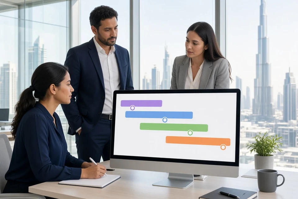 Dubai product team reviewing an unlabeled booking schedule on a large monitor in a bright office