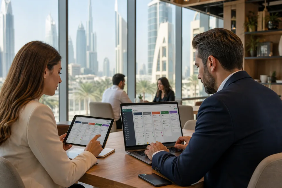 Sales managers reviewing a custom CRM pipeline dashboard in a bright Dubai office
