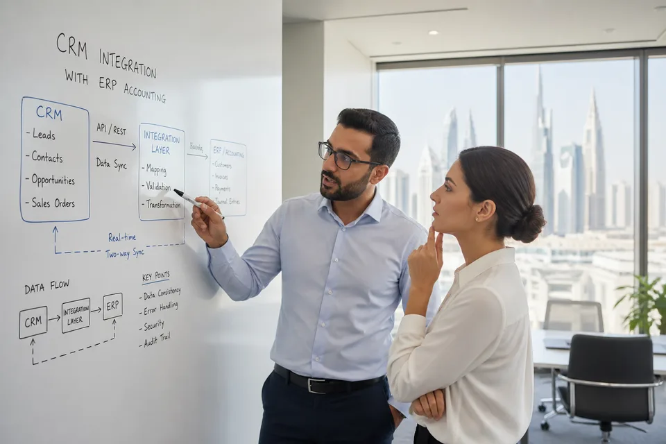 Consultants mapping custom CRM integrations with ERP and accounting systems in Dubai