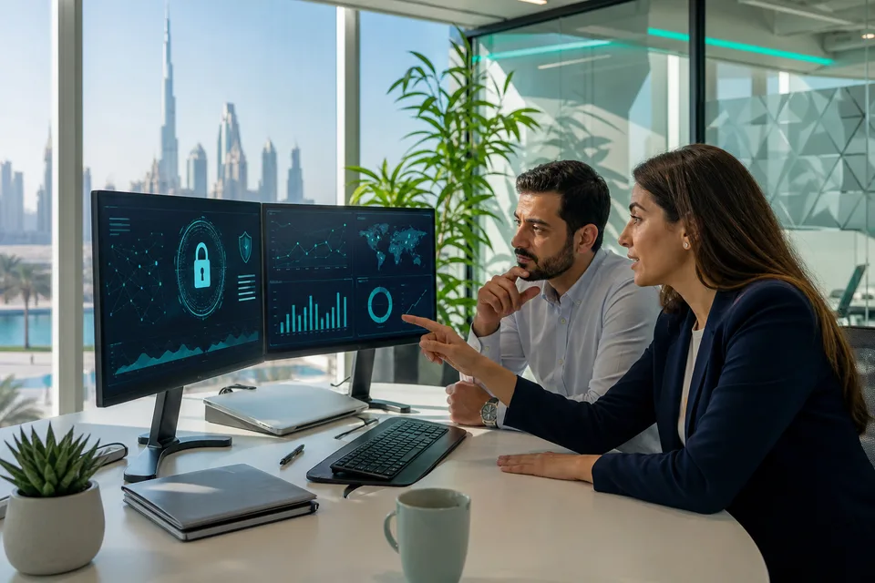 UAE fintech team reviewing encryption, fraud alerts, and compliance dashboards in a bright Dubai office
