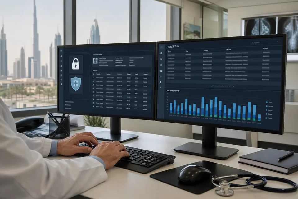 Healthcare software team reviewing HIPAA and DHA compliance dashboards in a Dubai clinic