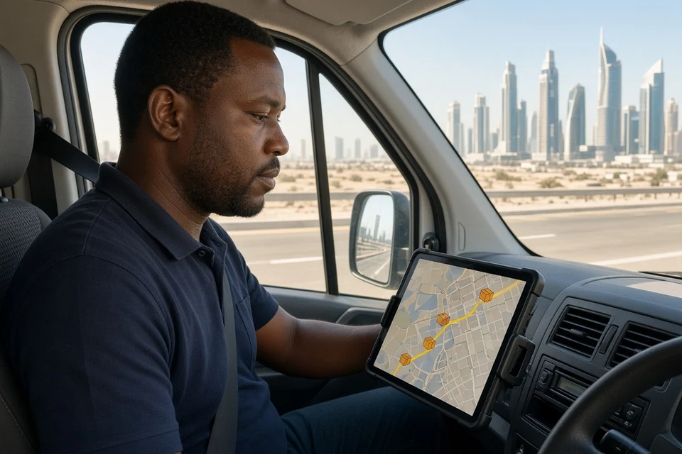 Delivery driver using a tablet route map in a van on a Dubai highway