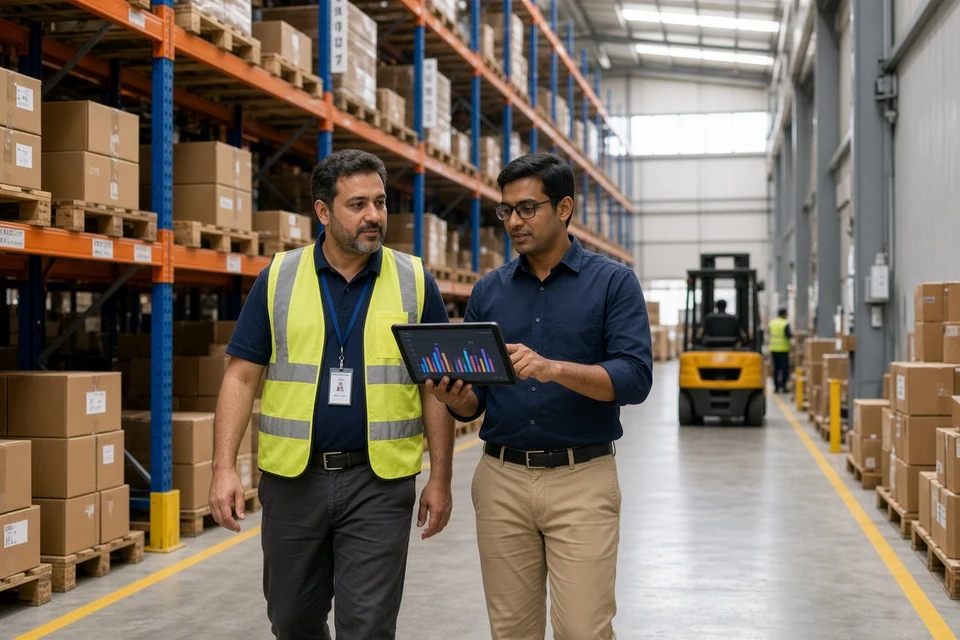Warehouse manager and engineer reviewing inventory software in a UAE fulfillment center