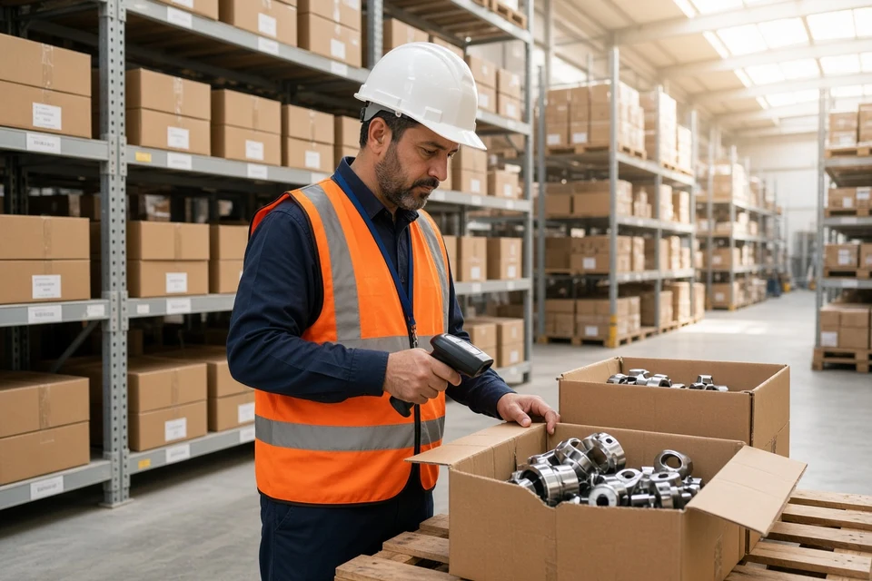 Warehouse supervisor scanning machined parts in a bright Dubai factory storeroom