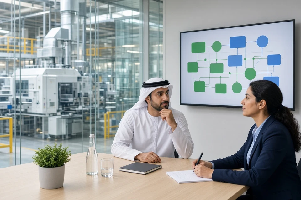 Factory leaders reviewing a production process map in a bright glass room beside the shop floor