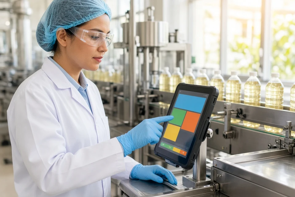Operator logging a quality check on a shop-floor tablet beside a bright UAE bottling line