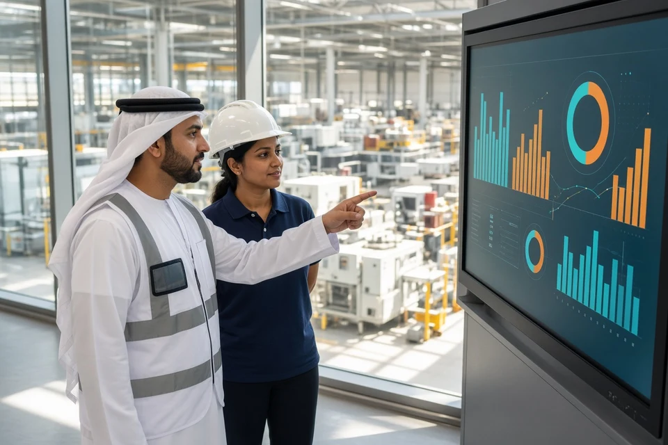 Plant engineers reviewing live production charts in a bright glass control room above the factory floor