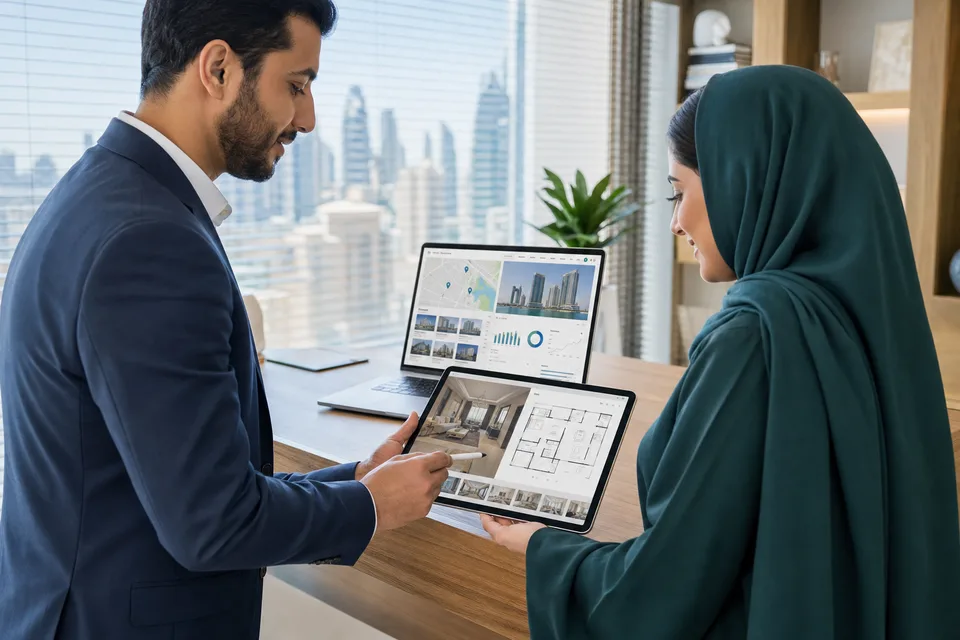 Real estate software team reviewing property management dashboards in a Dubai office